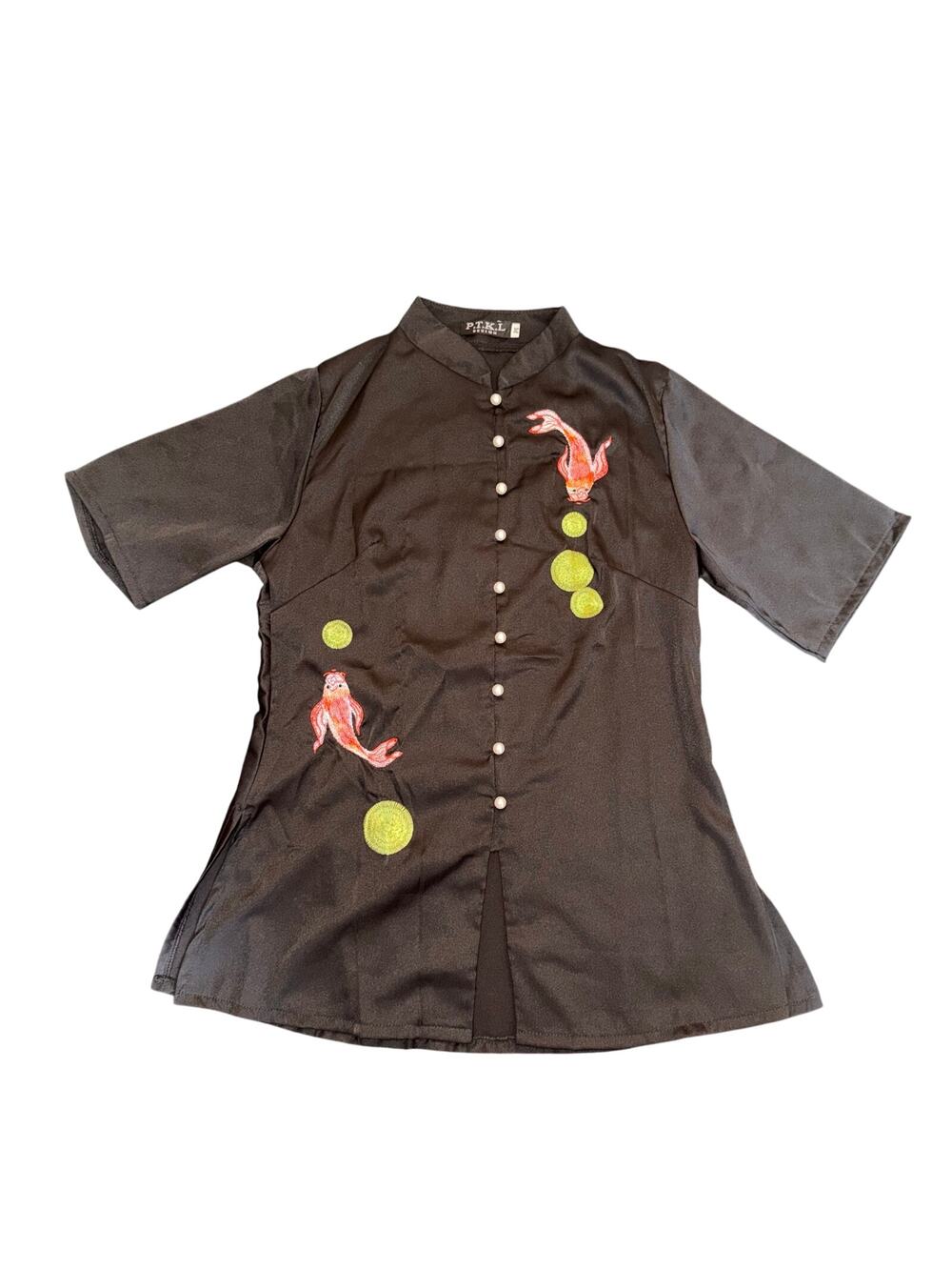 P.T.K.L Design Koi Fish Embroidered Satin Cheongsam Mandarin Collar Medium